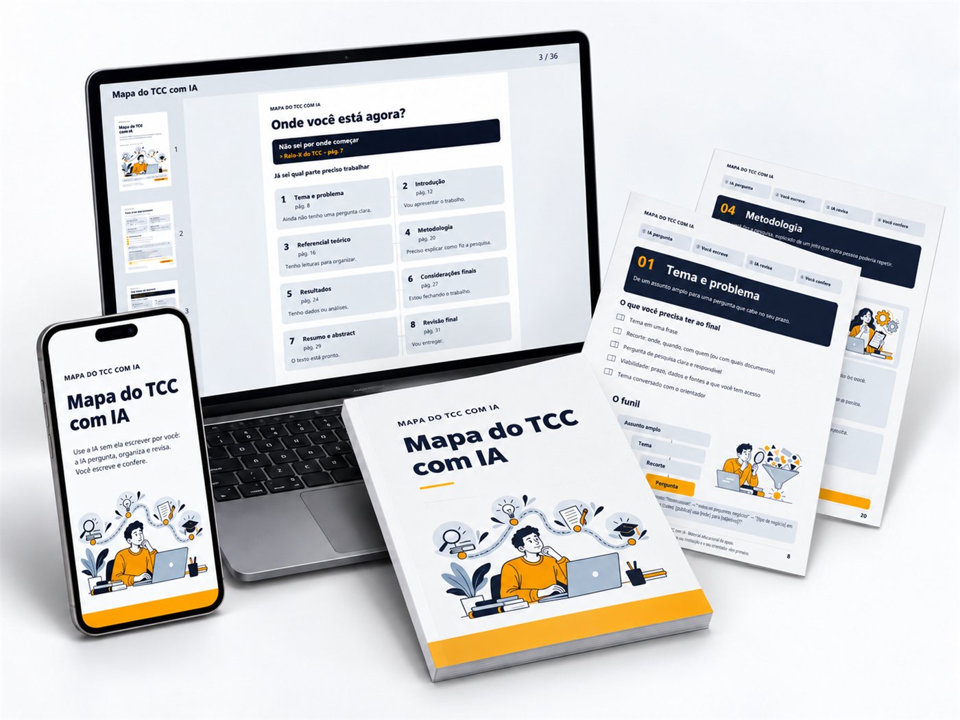 Guia Mapa do TCC com IA aberto no celular e no notebook